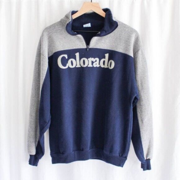 Vintage Tops - Retro Vintage Colorado Quarter Zip Pullover Sweatshirt Blue White Small Medium